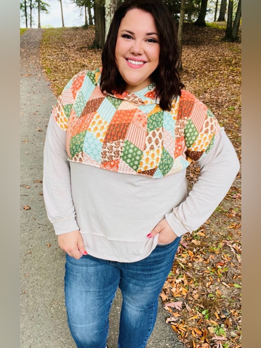 NEW [Haptics] Patchwork Printed High/Low Back Hem Yoke Hooded Top Women's S - Picture 2 of 12